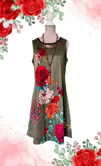 🌺🍁Robe vintage automnale kaki fleurie bohème chic S/M Autumn dress floral beaded details🍁🌺