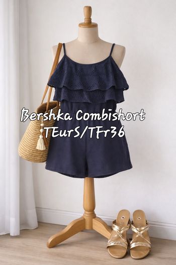 Bershka Combishort TEurS/TFr36-Marine-Fines Bretelles&Haut Volanté Broderie Anglaise