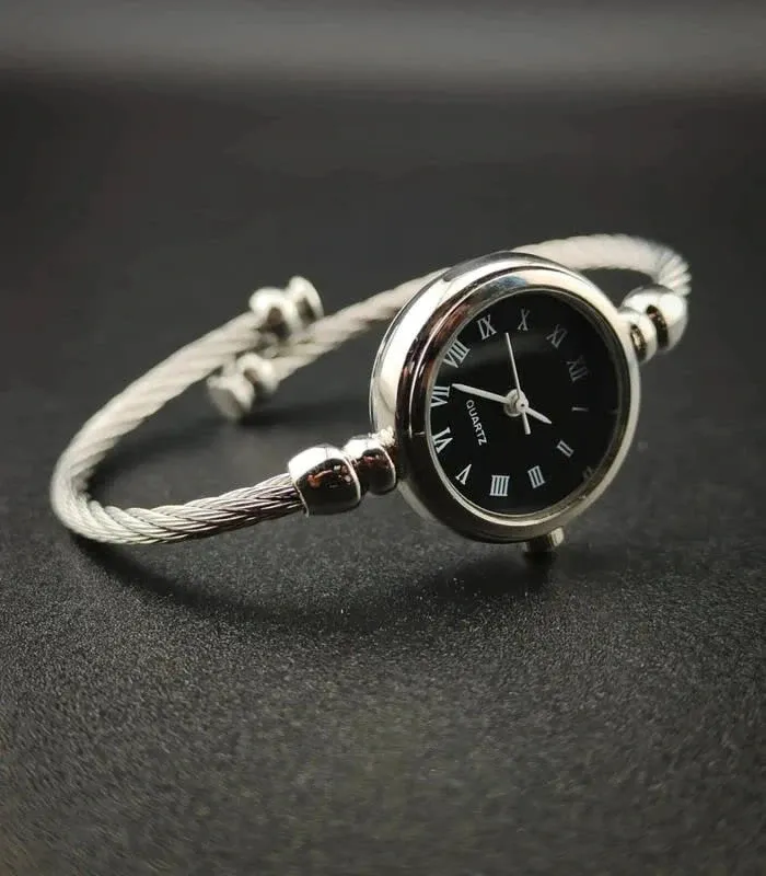 Montre bracelet argentée & noire, style vintage