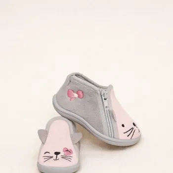 💚Chaussons bébé fille – motif chat – gris et rose – avec fermeture zip – T. 20