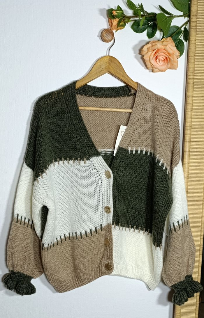 Cardigan femme patchwork taille 42-44 kaki/beige