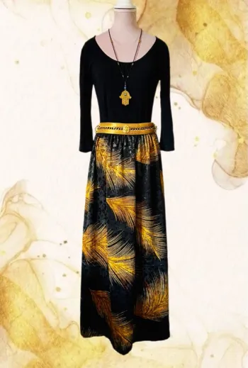 🖤Jupe longue noire doré vintage 80/90 made in France Boho chic flowing long skirt🖤