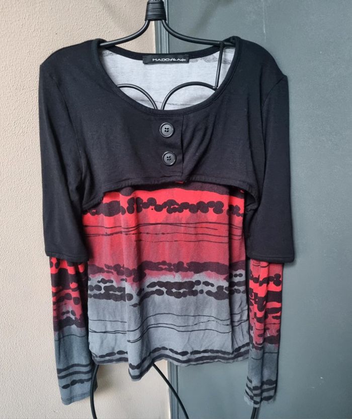 Blouse manches longues noire grise et rouge