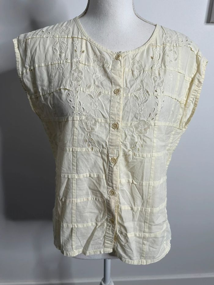 Blouse beige crème et broderies Vintage T38 M