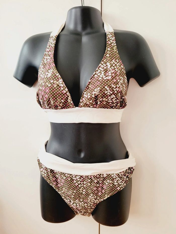 Maillot de bain 2 pièces taille XL 42 Lulu Castagnette fleurs vert rose - photo numéro 3