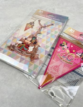 Rare Porte clé badge charm Disney Minnie Tokyo Disneyland 40th + badge fanion sold out