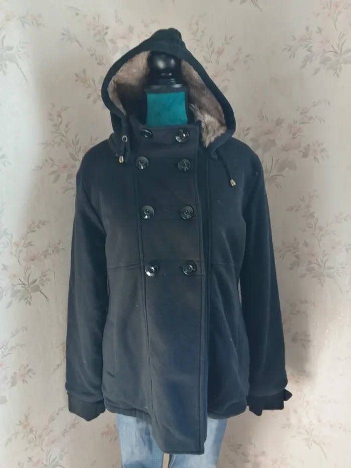 Manteau noir à capuche fourré avec poches et fermeture boutons / gémo / (XXL) - photo numéro 3