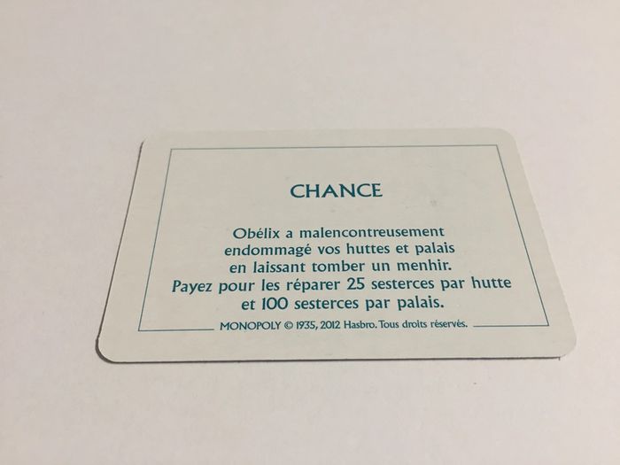 Carte chance endommagé vos huttes jeu de société Monopoly le tour de Gaule d'Astérix Hasbro #A53