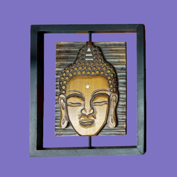 Cadre Mural Tête de Bouddha Sculptée Décoration Zen Ethnique en Bois Bon État