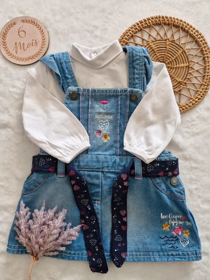 Robe salopette jean avec ceinture et t-shirt manches longues 6 mois