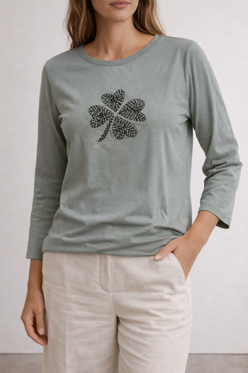 t shirt kaki clair avec trefle 4 feuilles en strass manches longues Taille 38 Caroll Neuf