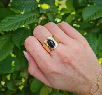 Grosse bague large mariage vintage plaqué or et agate noire taille 60
