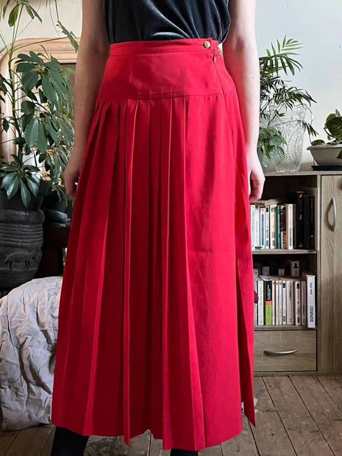 Jupe longue plissée taille haute avec fente - rouge - photo numéro 3