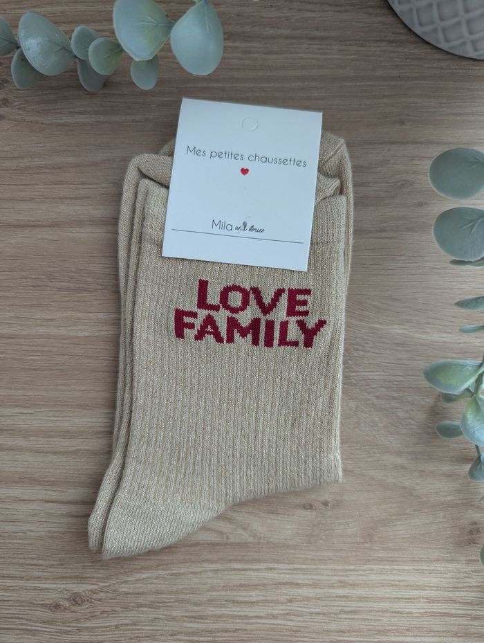 Paire de chaussettes Love family  beige paillettes
