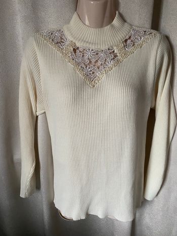 Pull vintage crème dentelle perles taille 3 maille chic