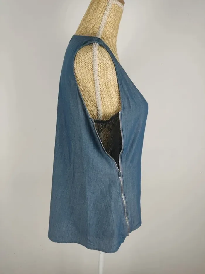 Blouse sans manches tissu impression jeans côté dentelle noire avec zips taille M DDP - photo numéro 3