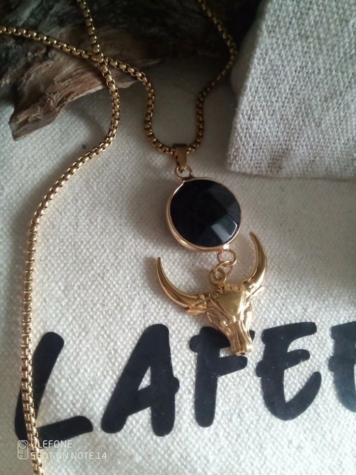 Collier taureau et pierre d'agate noire naturelle - photo numéro 3