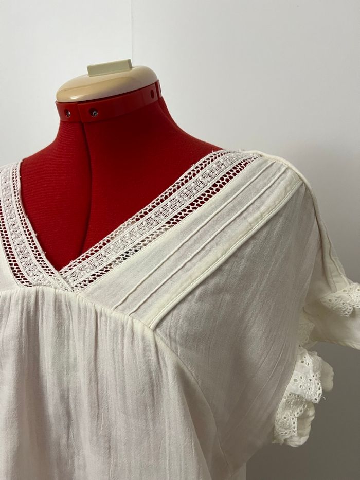 Blouse manches courtes volants et dentelle crème Camaïeu - photo numéro 2