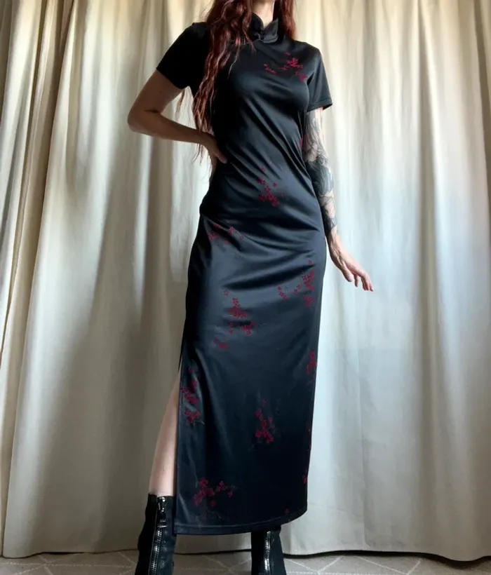 Robe longue style asiatique motifs fleuris Goth Whimsigoth vintage 90s - Taille M - photo numéro 2