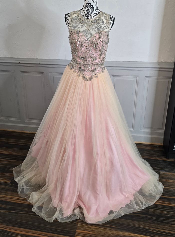 Robe de soirée rose et crème bustier brodé argenté tulle dégradé taille 36 S - photo numéro 1