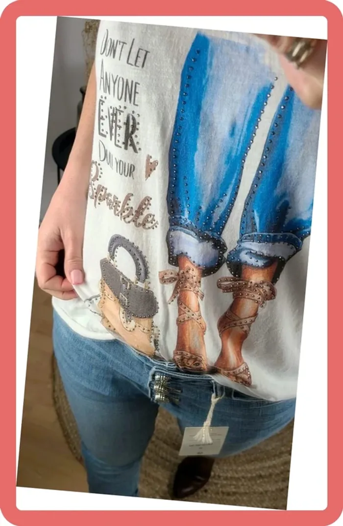 T-Shirt Strass Talons 👠- Taille Unique - Neuf - Bleu - photo numéro 3