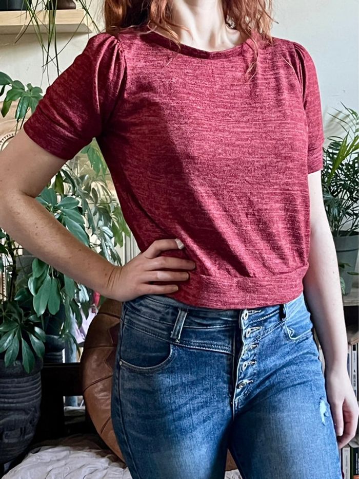 T-shirt crop top épais avec effet épaulettes - rouge foncé - photo numéro 8