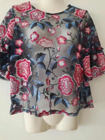 Blouse en voile transparent et fleurs brodées Zara