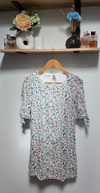 Robe Courte Promod 34 XS Fleurie Multicolore Fuchsia Fluide Été Bohème Chic Manches Noeud