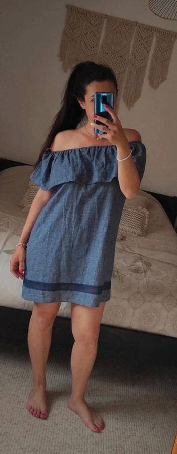 Robe bleu Zara basic Z1975 Denim S épaules dénudées polyester et lin
