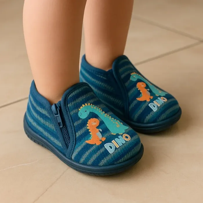 Chaussons bébé bleus à fermeture zip – motif dinosaures – antidérapants Taille 21