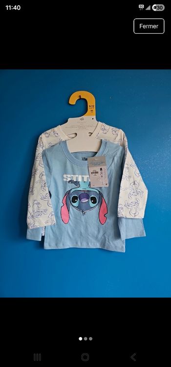2 hauts bebe fille 9/12mois stitch disney