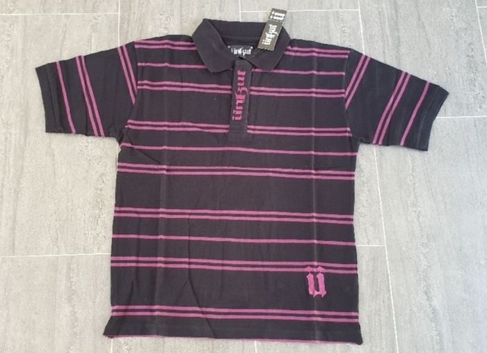 Encore avec étiquette polo unkut noire bandes violettes taille M