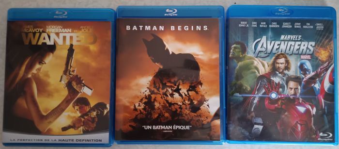 Lot de 3 DVD VF Blu-Ray Marvel Avengers , Batman Begins et Wanted