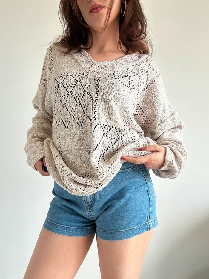 Pull vintage années 80 beige col V oversize taille M - photo numéro 9