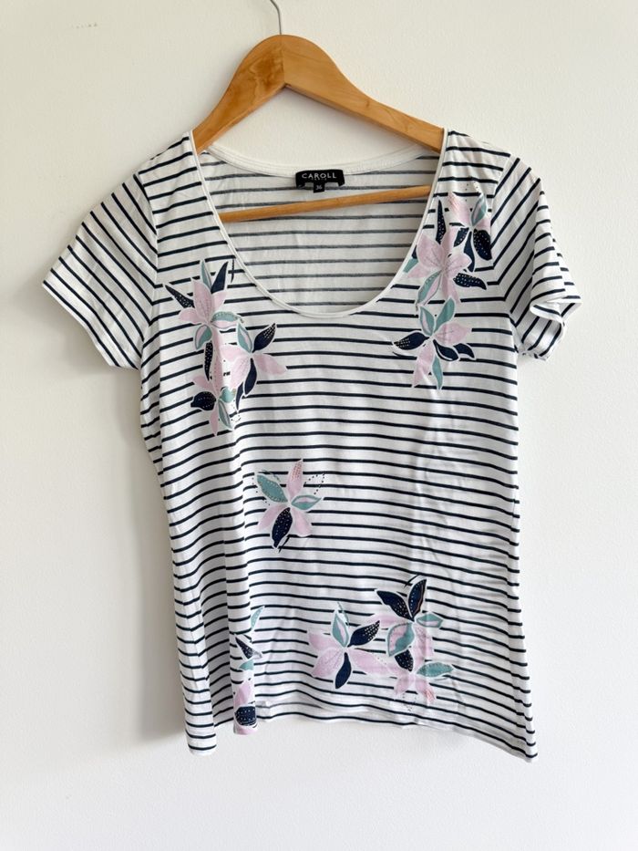 T-shirt manches courtes blanc bleu marine avec imprimé Caroll taille 36 S - photo numéro 5