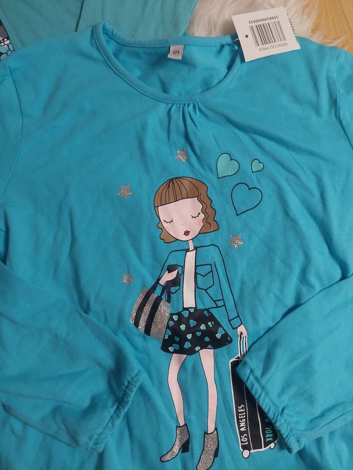 Lot 2 t-shirts ML bleu dessins fantaisies 12 ans neufs 👧 - photo numéro 3