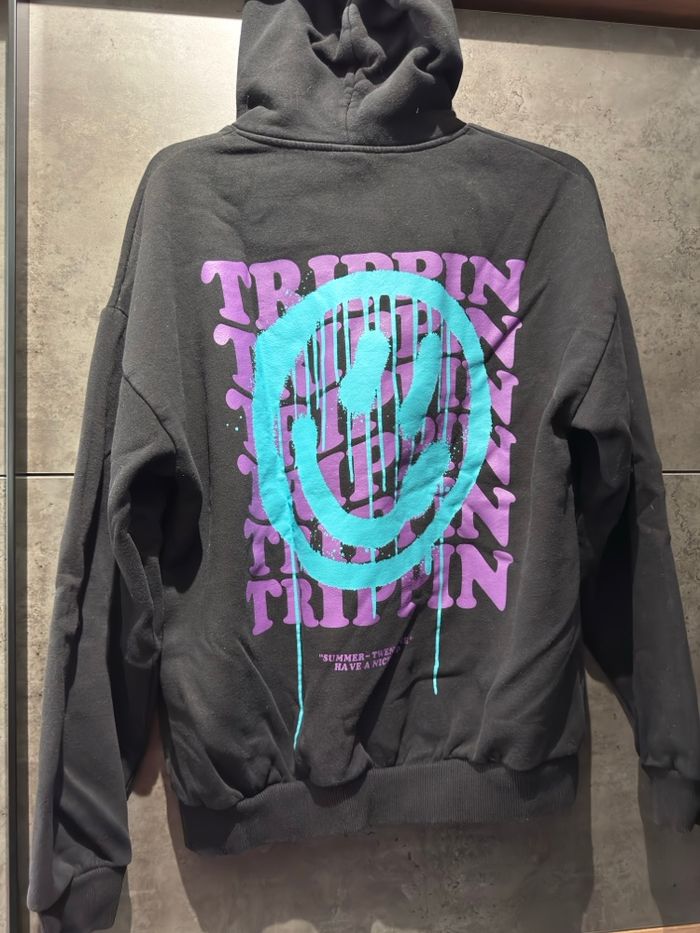 Sweat à capuche noir oversize Black Squad Trippin smiley turquoise XL streetwear - photo numéro 3