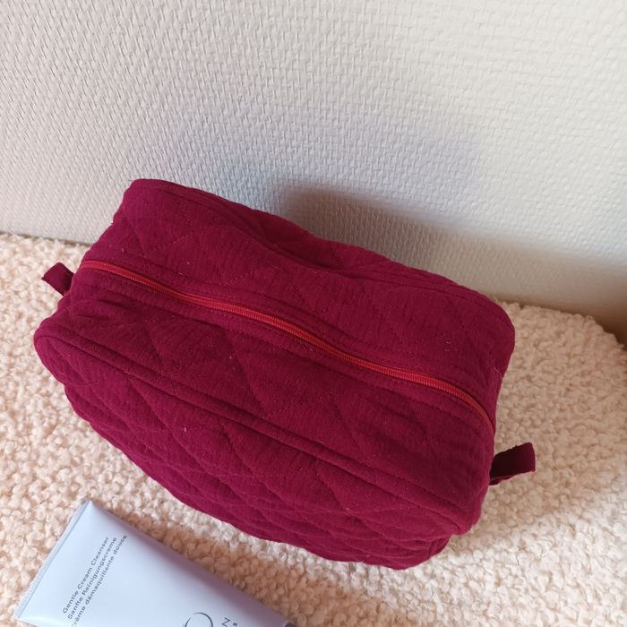 Trousse toilette où maquillage gaze de coton matelassée lie de vin où vieux rose - photo numéro 2