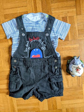 Très joli ensemble salopette court DPAM tee-shirt Petit Bateau 6 mois Neuf
