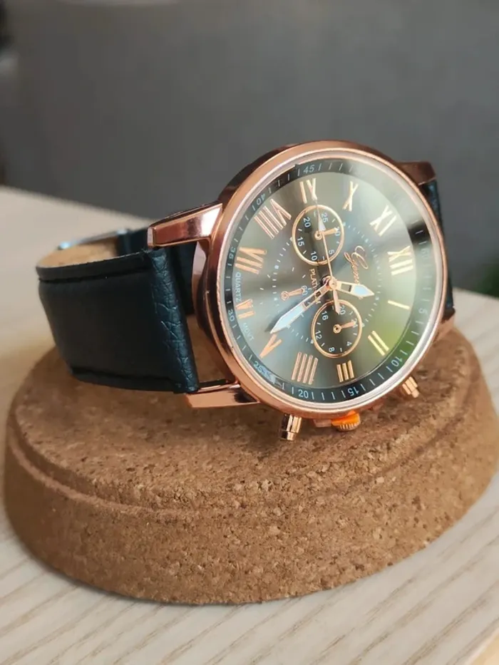Montre noire, style classique vintage rose-dorée