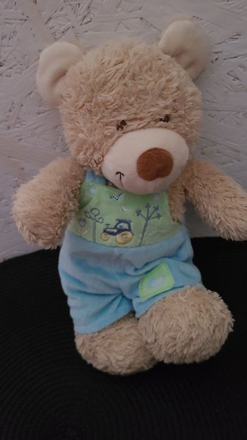 Doudou peluche OURS beige TEX Baby Carrefour Salopette bleue Tracteur Mouton