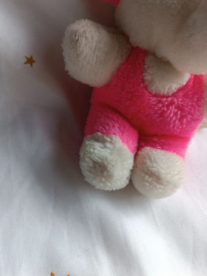 Petite petit small peluche plush Teddy éléphant rose fluo pink bouclette boulgom easy vintage blanc - photo numéro 3