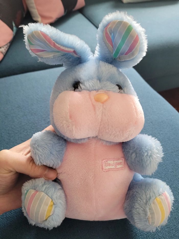 RARE Gros Lapin Bleu rose multicolore Boulgom rayures rayé tissu 26cm peluche doudou France
