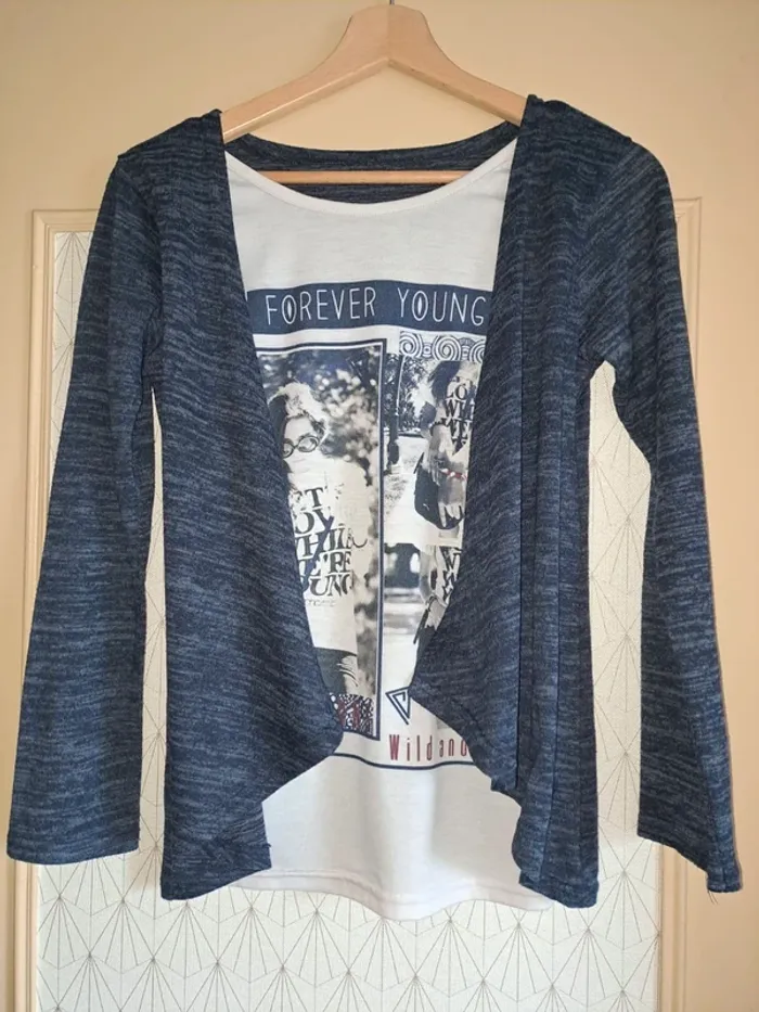 Tunique gilet 2 en 1 fille 14 ans bleu moucheté blanc tbe - photo numéro 4