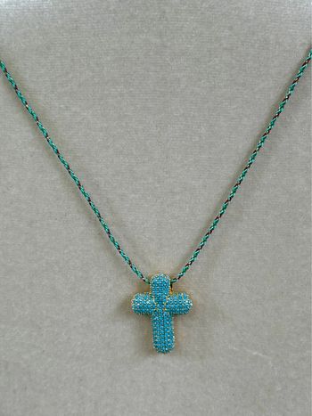 Collier habaha Paris cordon tressé réglable grosse croix épaisse perles turquoises