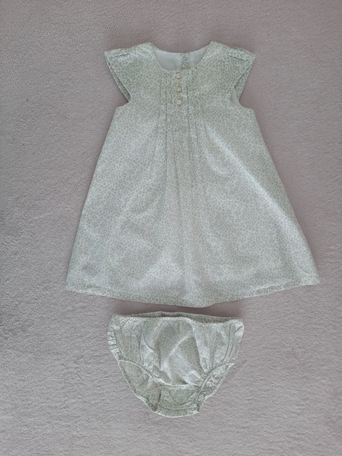 Ensemble Cyrillus 6 mois robe liberty blanc petites fleurs beige et culotte assortie