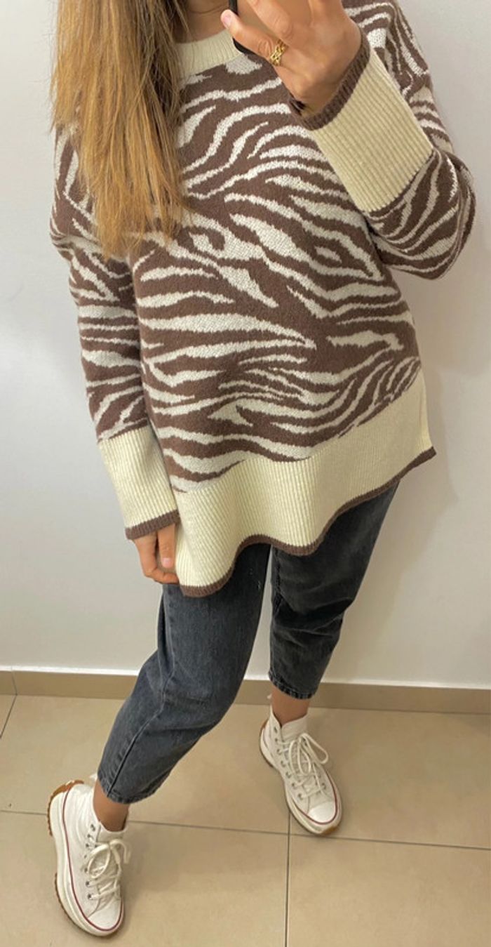 Superbe Pull Oversize Zebré Crème Et Marron Taille Unique - photo numéro 6