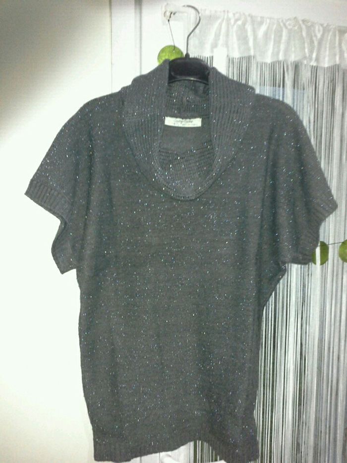 Pull d'hiver gris pailleté .col roulé. Manches courtes taille 38