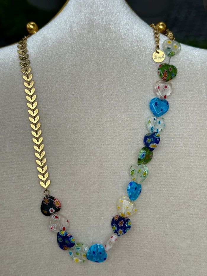 Collier réglable mi perles cœurs couleurs mi acier inoxydable or V - photo numéro 7