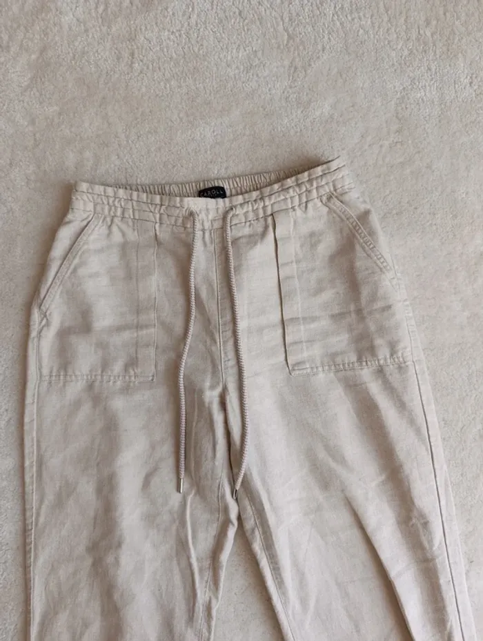 Pantalon Caroll beige crème en lin et coton 38 neuf taille élastique avec cordons - photo numéro 8